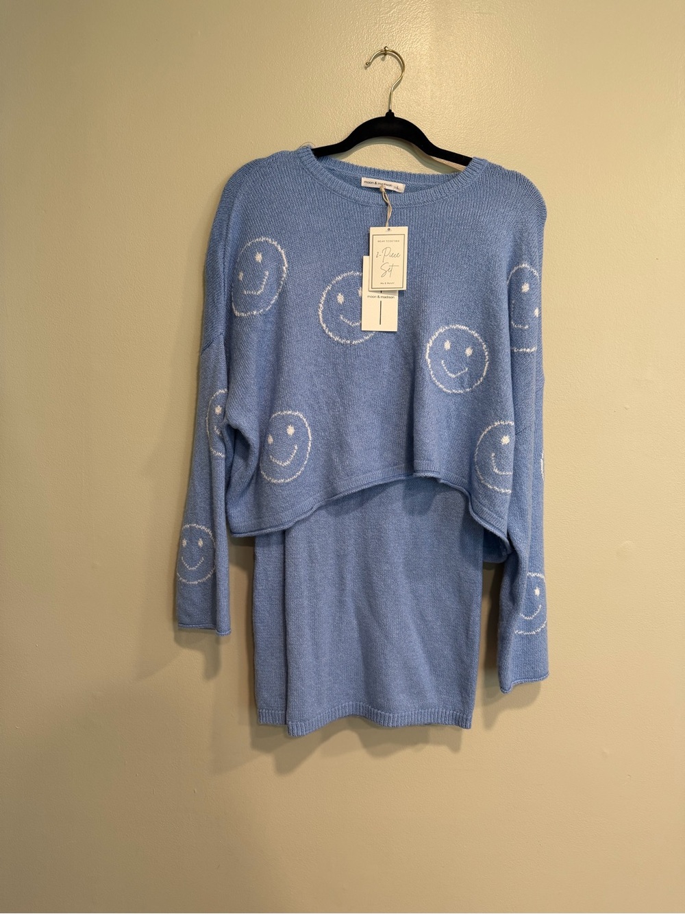 moon & madison Light Blue Smiley Knit Skirt Set